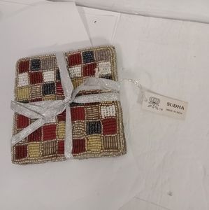 Sudha Set if 4 Handmade Beaded Coasters Checkered cloth back. New